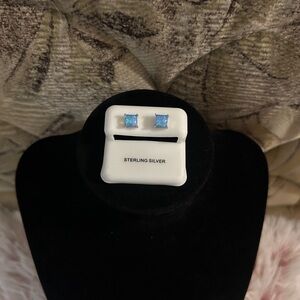 925 Sterling Silver Square Blue Opal Stud Earrings